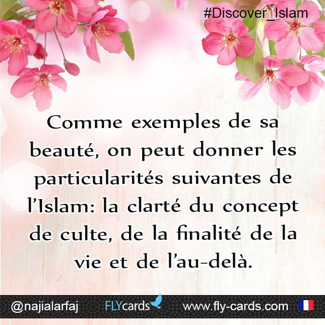 As examples of its beauty, Islam features: Clarity about the concept of worship, the purpose of life, and the hereafter.  