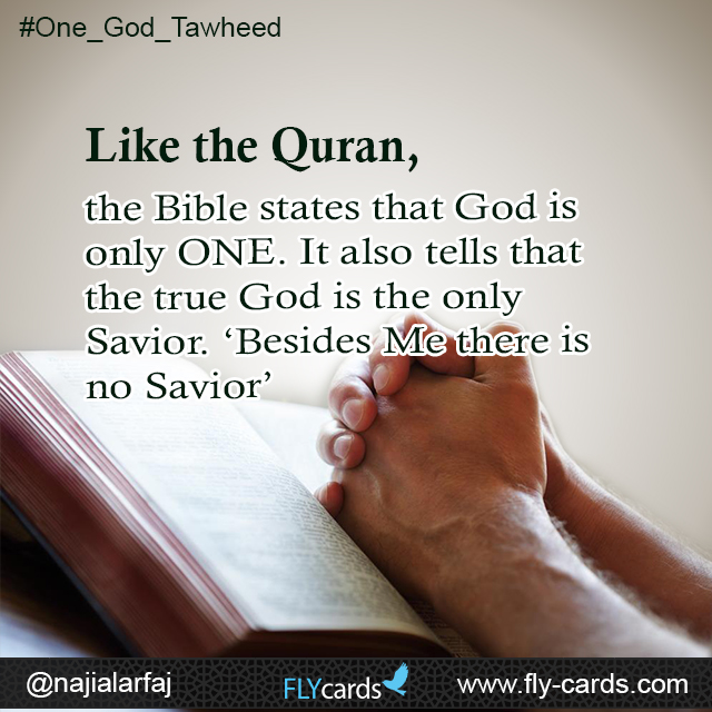 Like the Quran, the Bible states that God is only ONE. It also tells that the true God is the only Savior. ‘Besides Me there is no Savior’