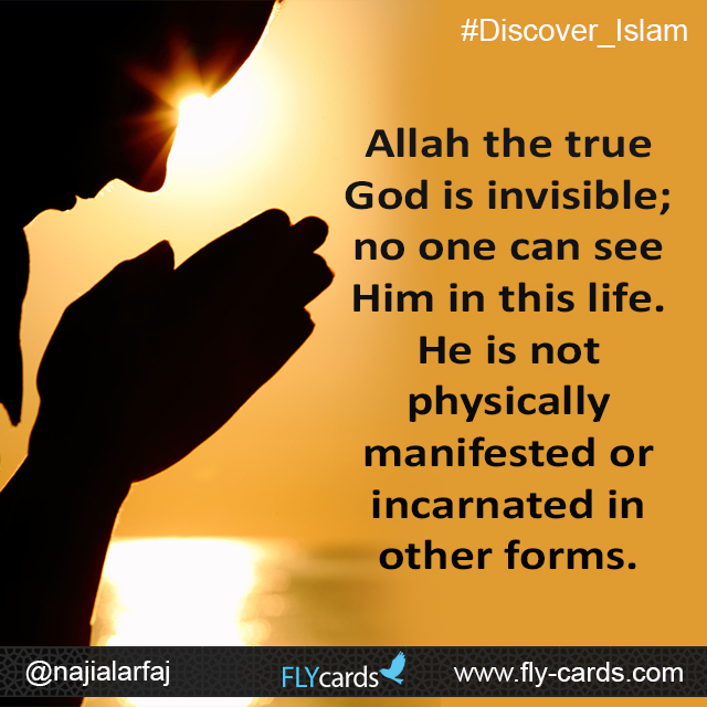 Allah the true God is invisible; no one can see Him in this life. He is not physically manifested or incarnated in other forms.