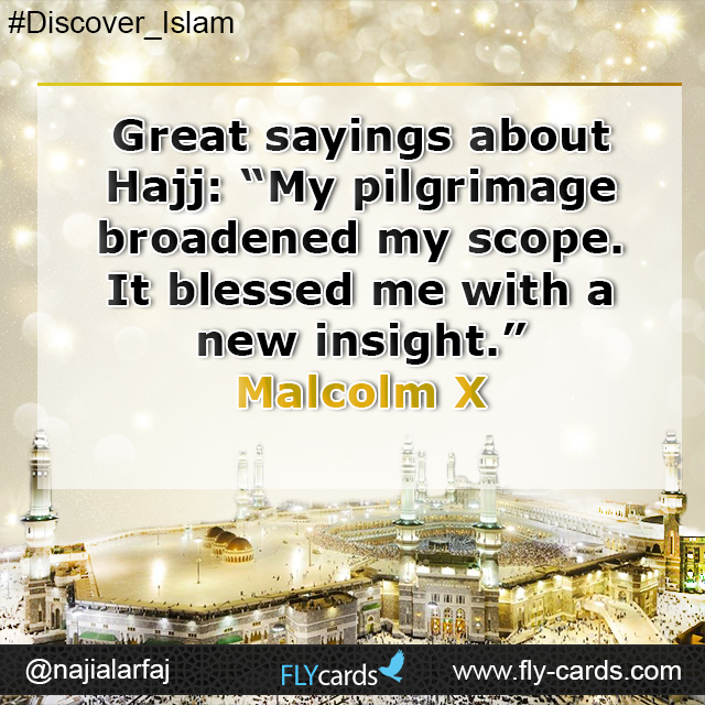 Great sayings about hajj: my pilgrimage broadened my scope . it blessed me with a new insight .  Malcolm X